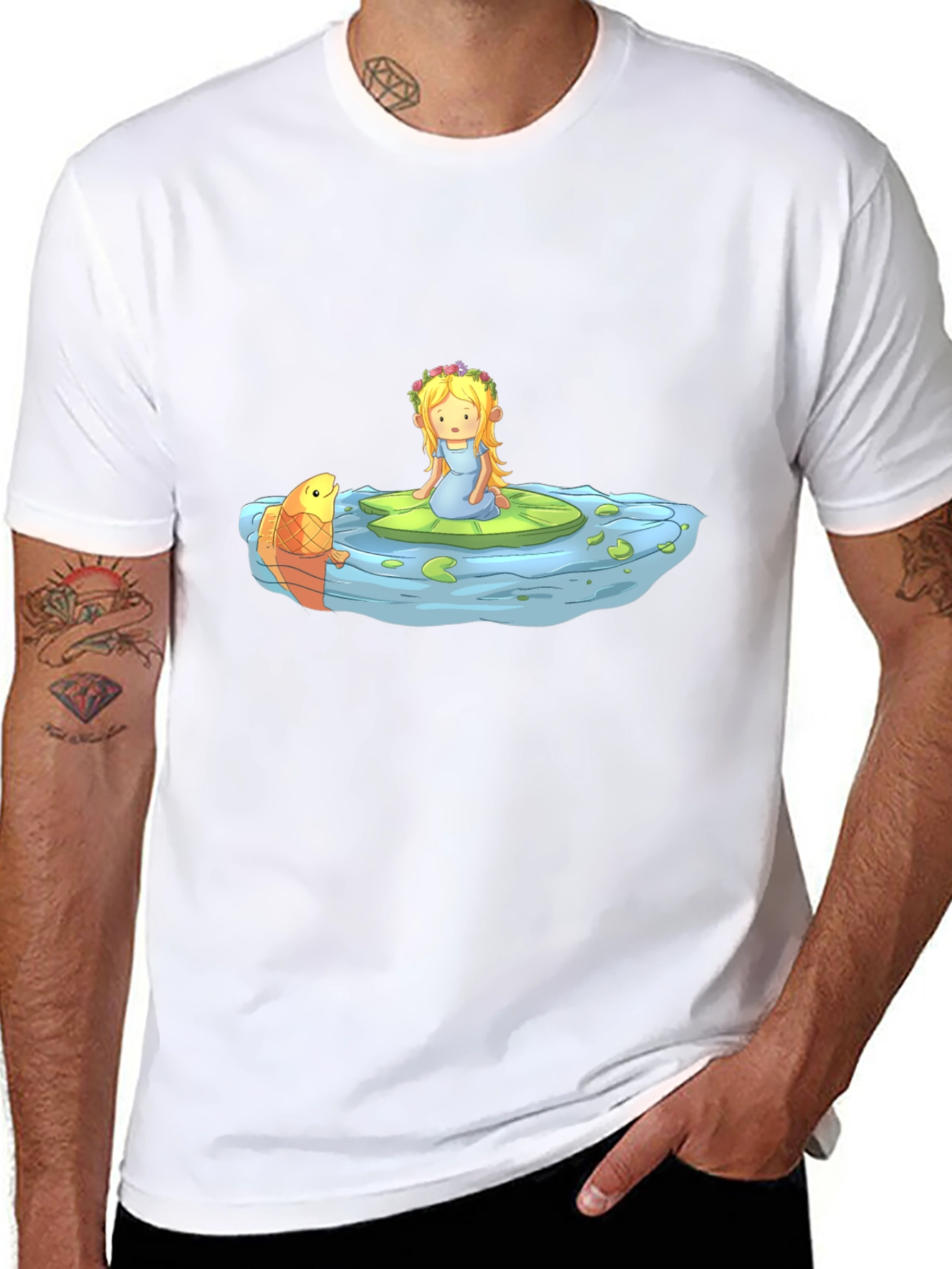 Cartoon Girl on Lily Pad Black T-Shirt