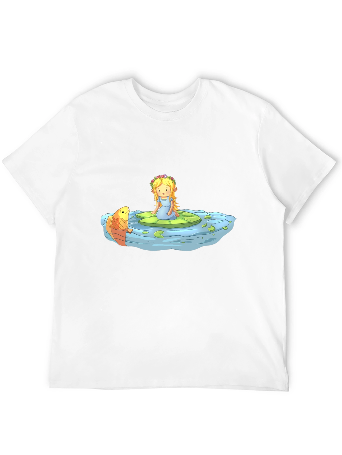 Cartoon Girl on Lily Pad Black T-Shirt
