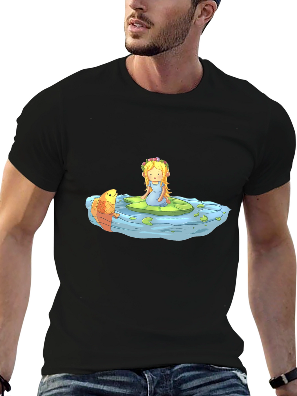 Cartoon Girl on Lily Pad Black T-Shirt