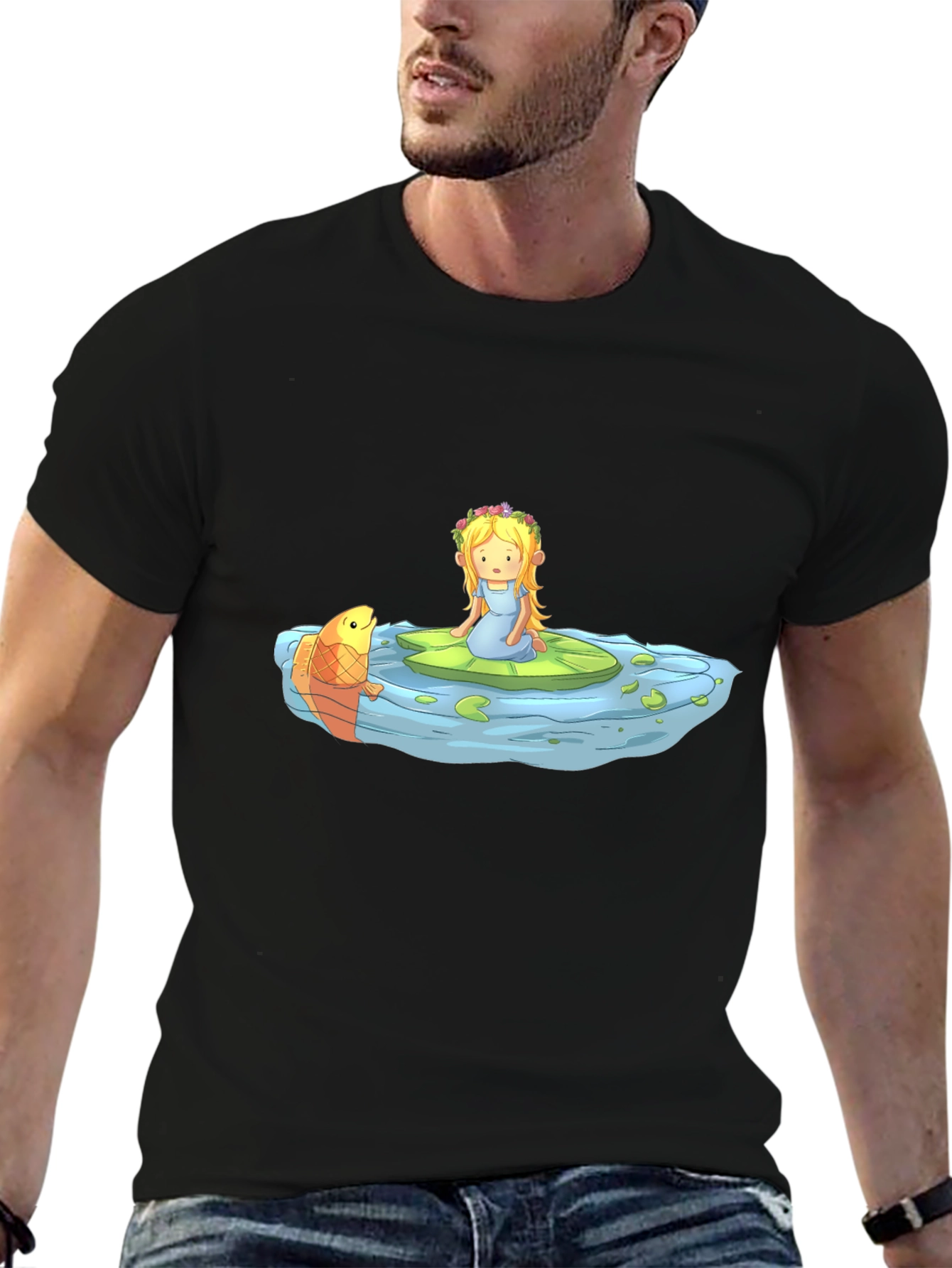 Cartoon Girl on Lily Pad Black T-Shirt