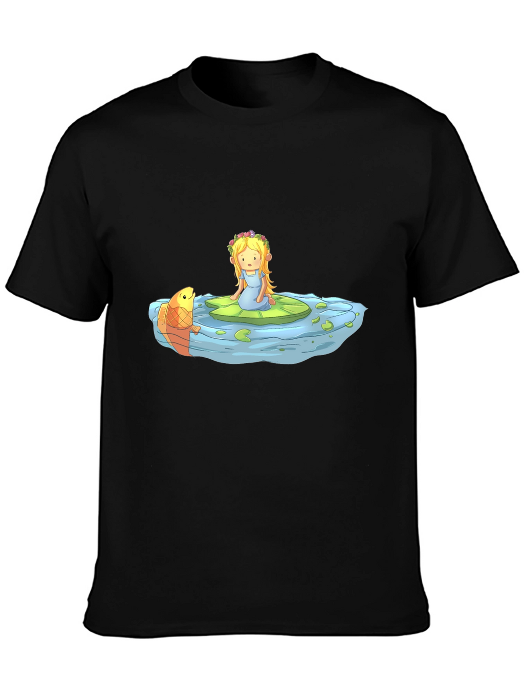 Cartoon Girl on Lily Pad Black T-Shirt