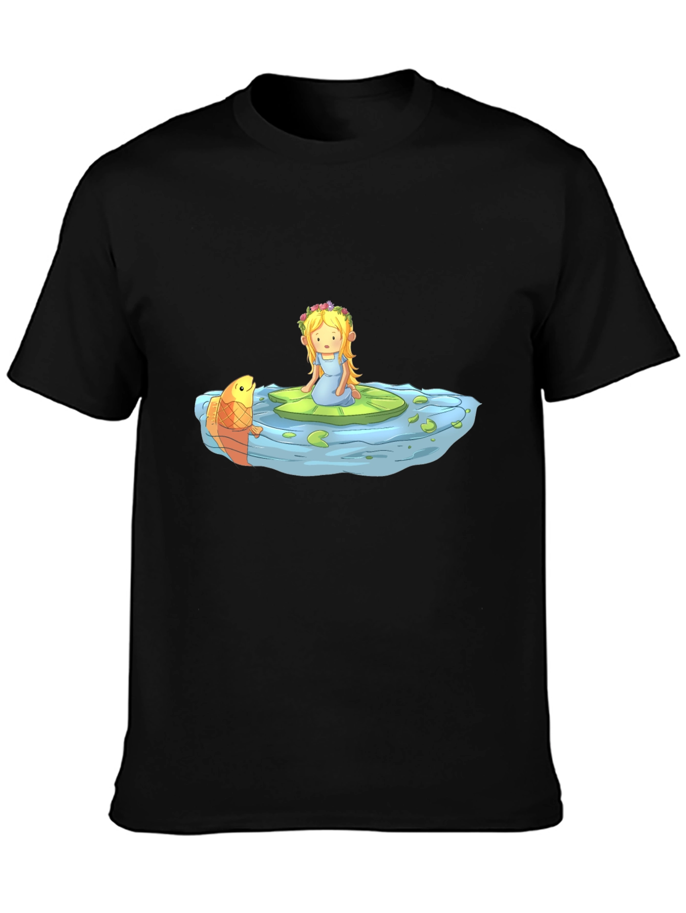 Cartoon Girl on Lily Pad Black T-Shirt