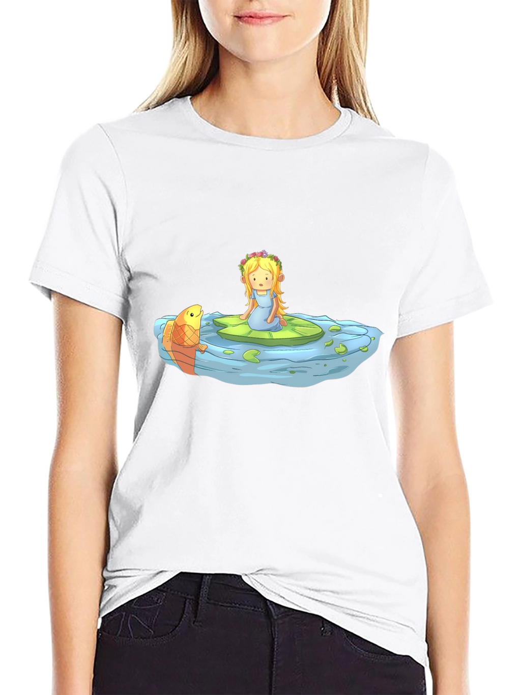 Cartoon Girl on Lily Pad Black T-Shirt