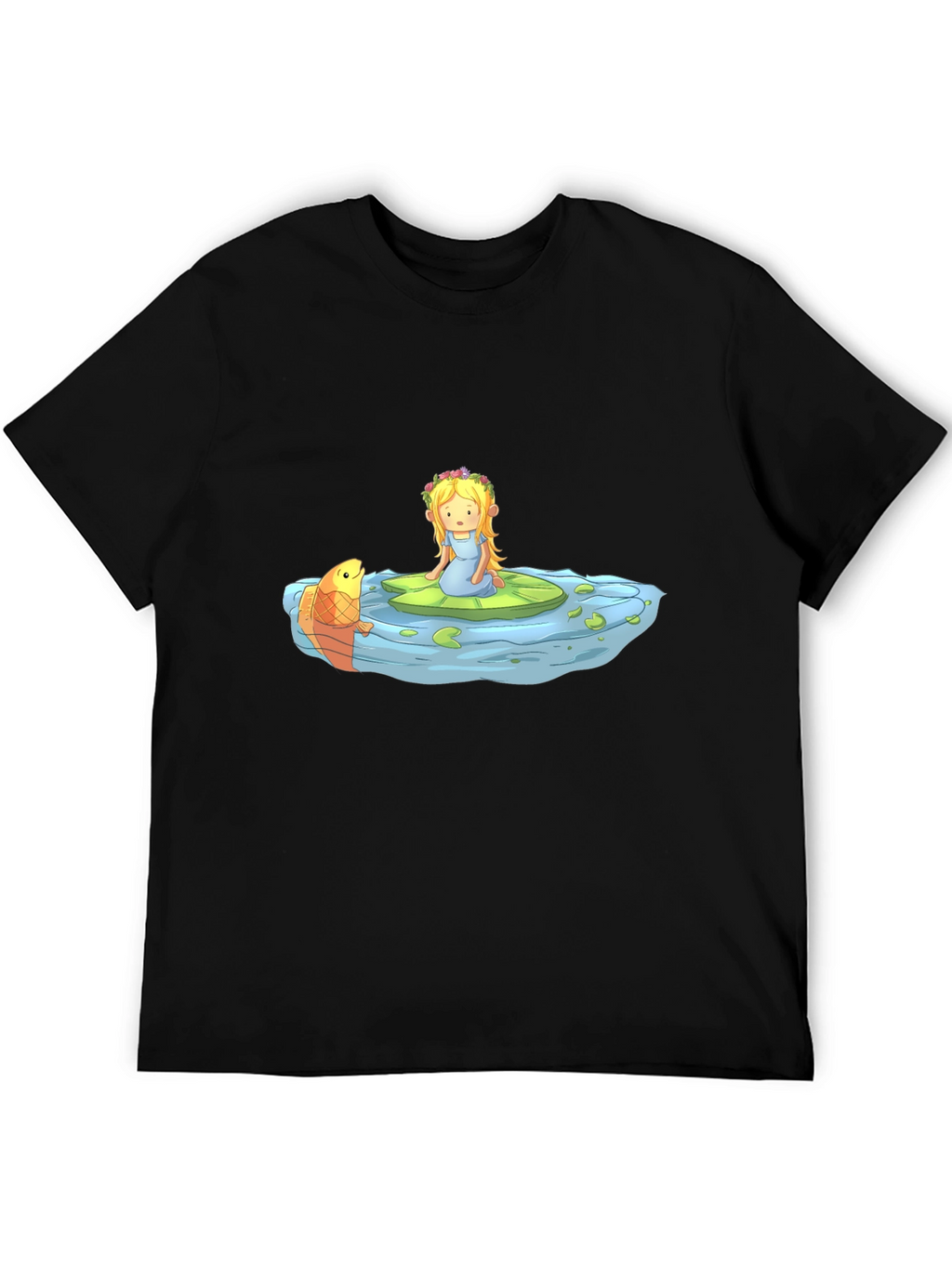 Cartoon Girl on Lily Pad Black T-Shirt