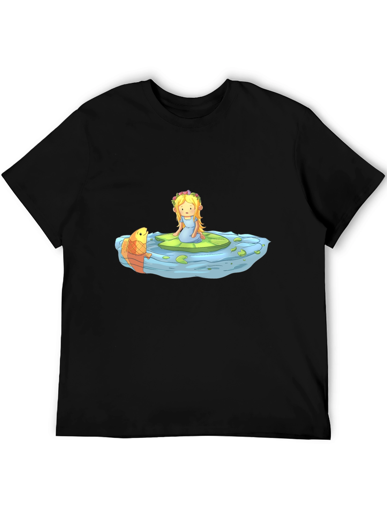 Cartoon Girl on Lily Pad Black T-Shirt