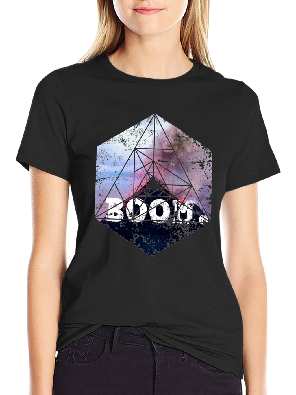 Boom! Geometric Graphic Print Black T-Shirt