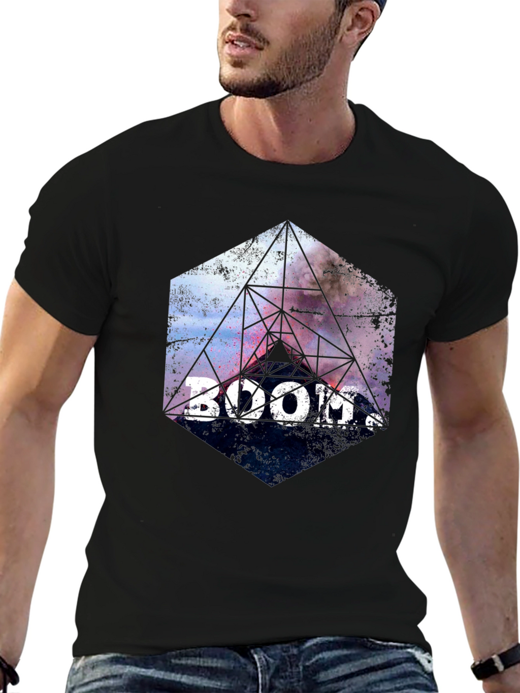 Boom! Geometric Graphic Print Black T-Shirt