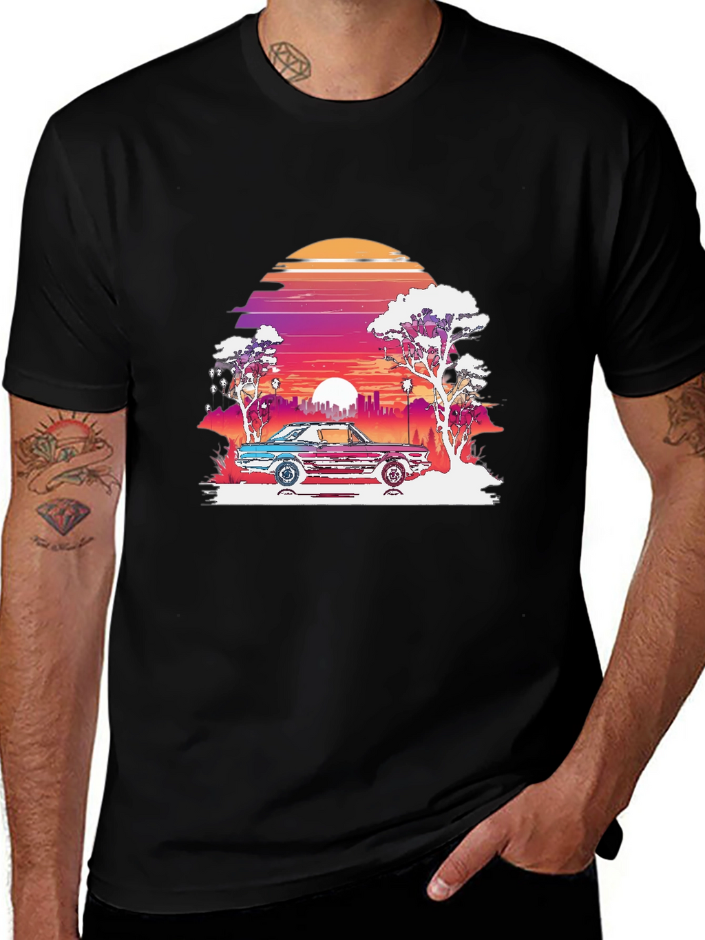 Retro Sunset Car Graphic Tee - Black