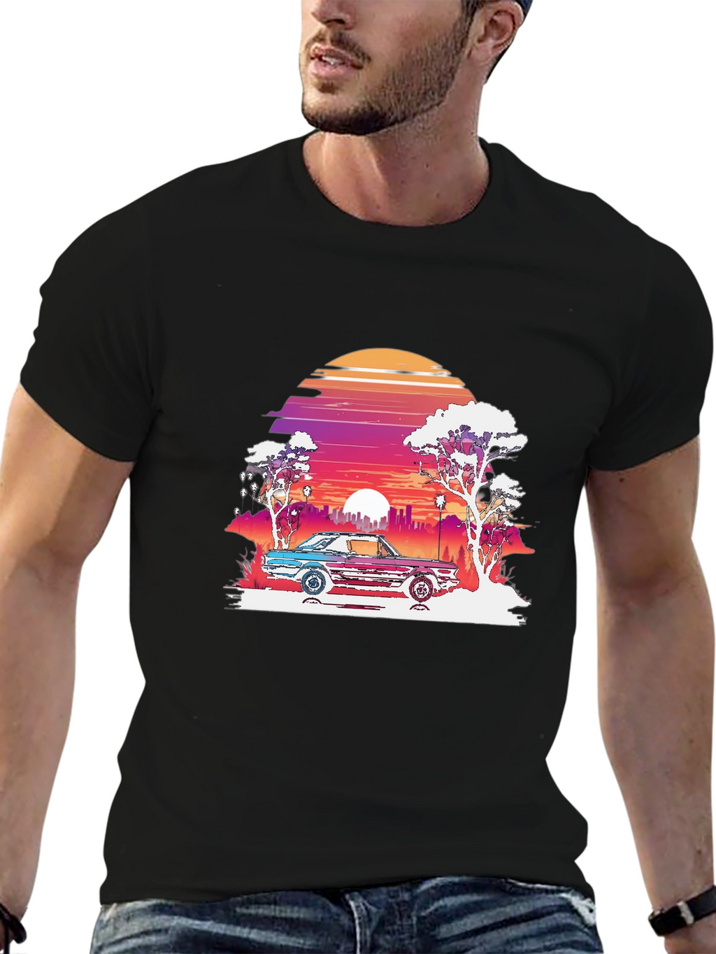 Retro Sunset Car Graphic Tee - Black