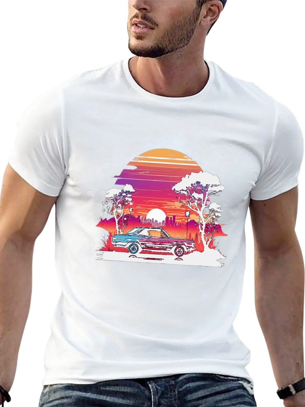 Retro Sunset Car Graphic Tee - Black