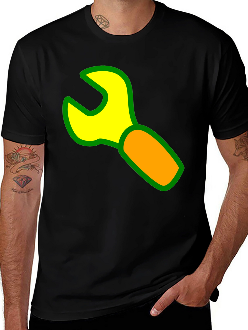 Wrench Graphic Black T-Shirt - Cartoon Tool Design