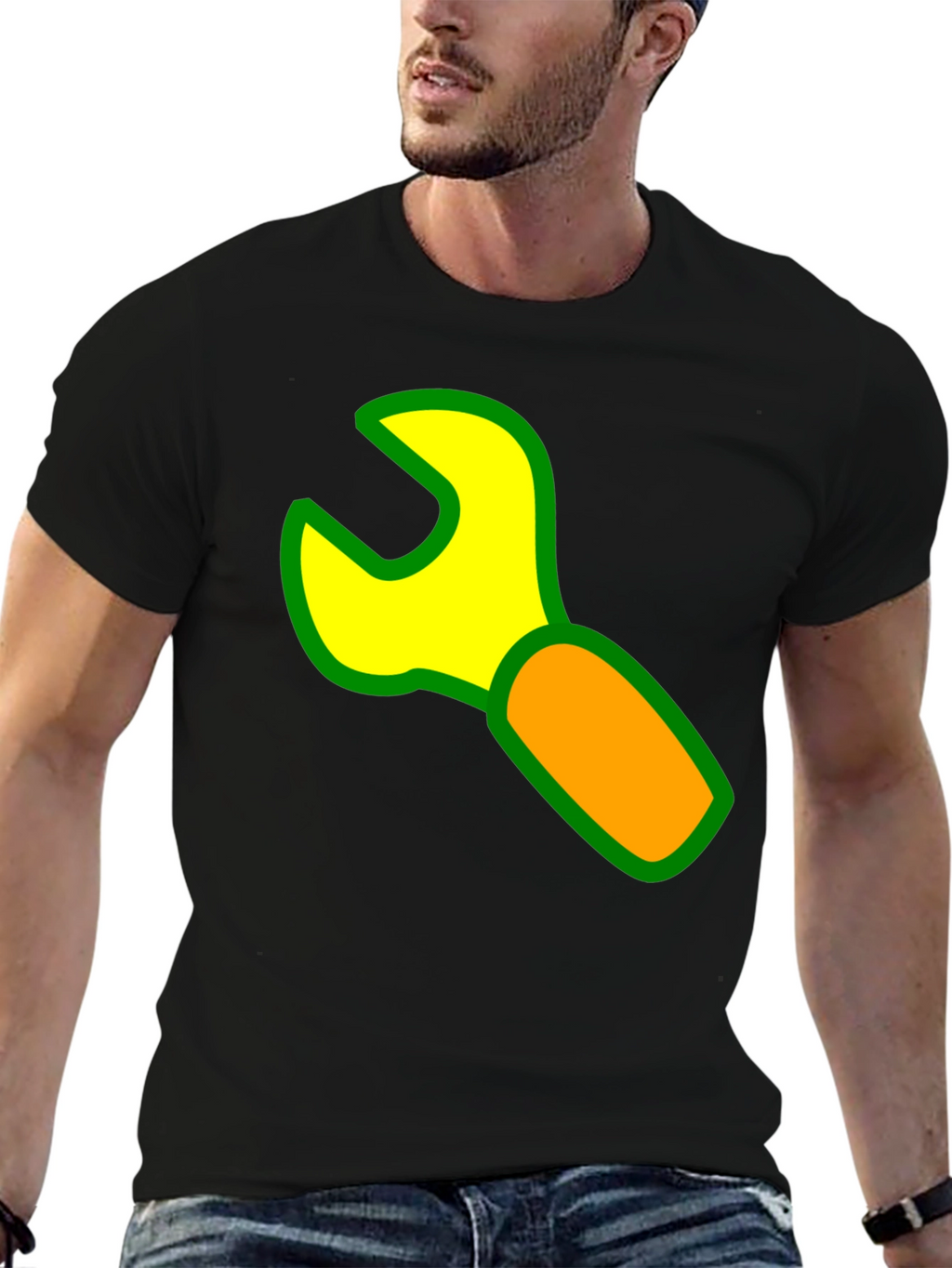 Wrench Graphic Black T-Shirt - Cartoon Tool Design