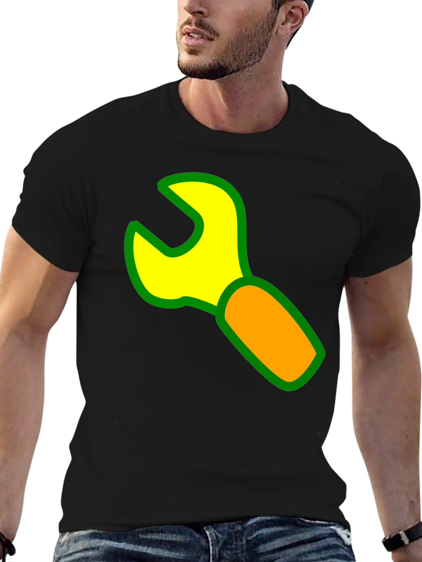 Wrench Graphic Black T-Shirt - Cartoon Tool Design