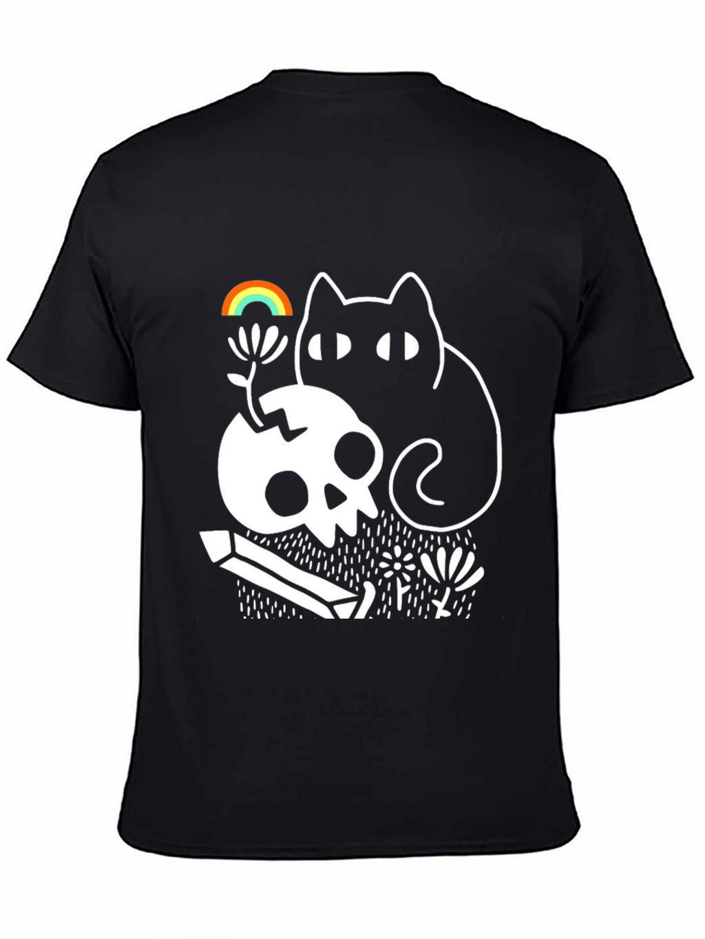 Gothic Whimsical Cat & Skull Graphic Tee