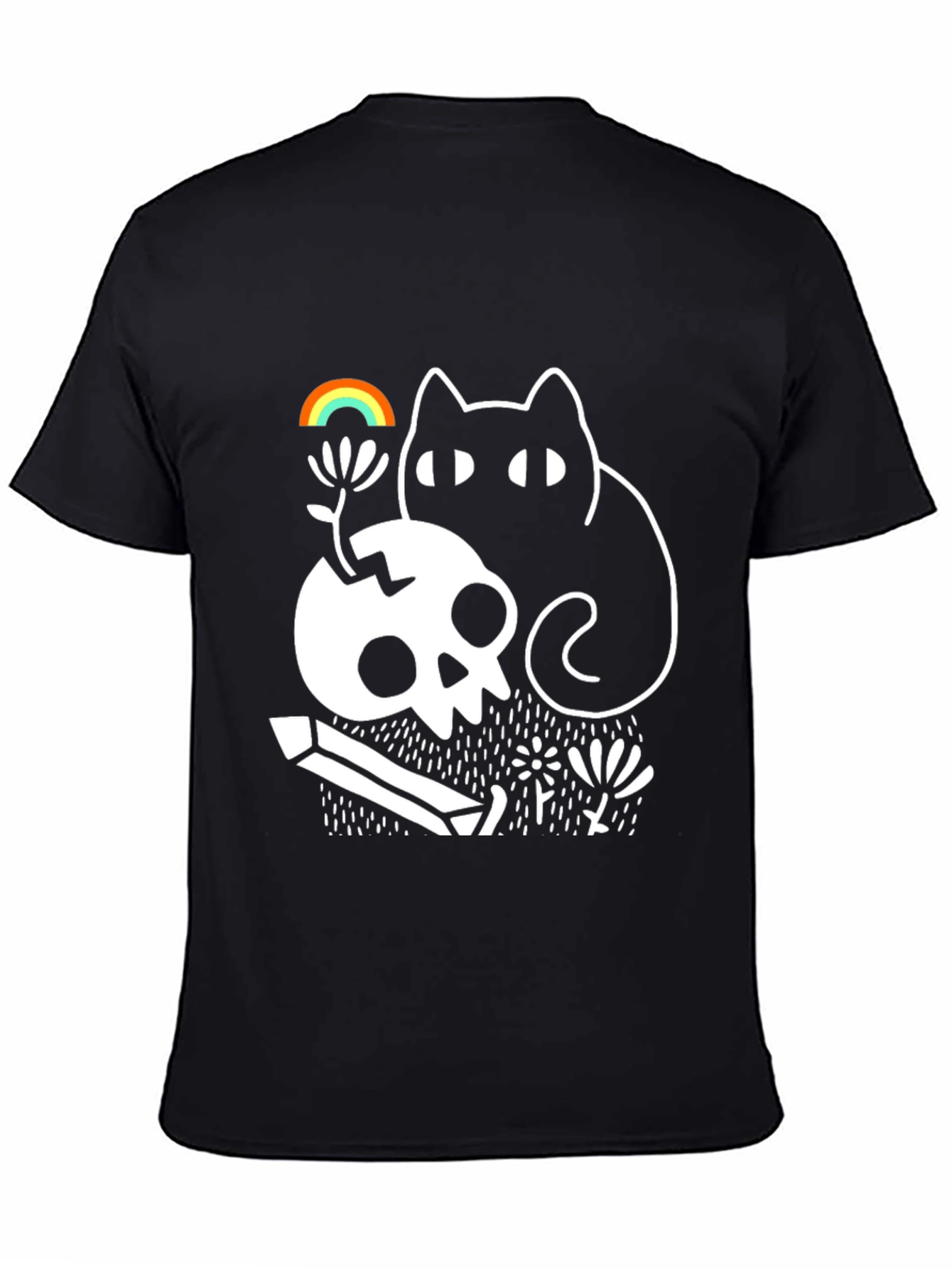Gothic Whimsical Cat & Skull Graphic Tee