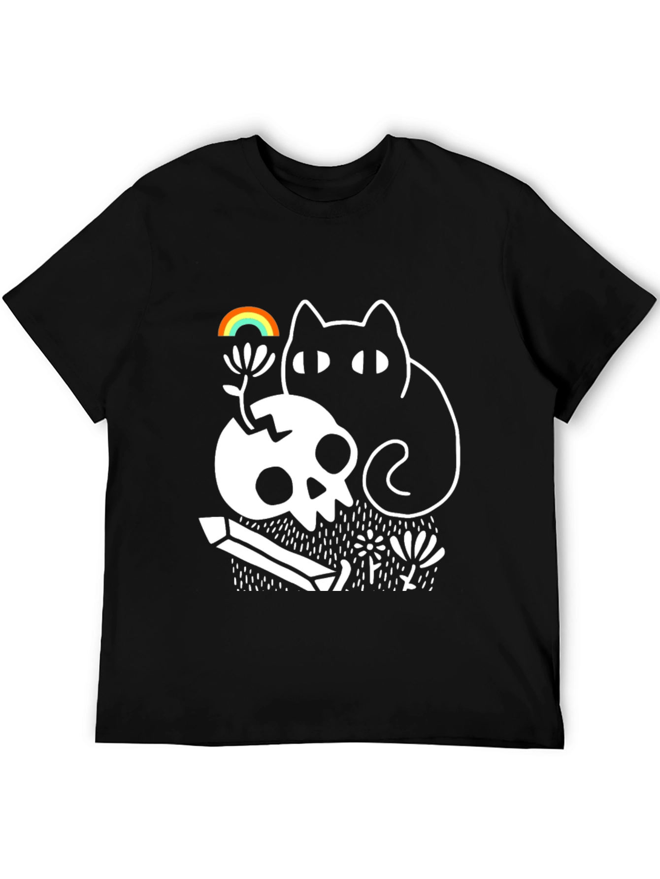 Gothic Whimsical Cat & Skull Graphic Tee