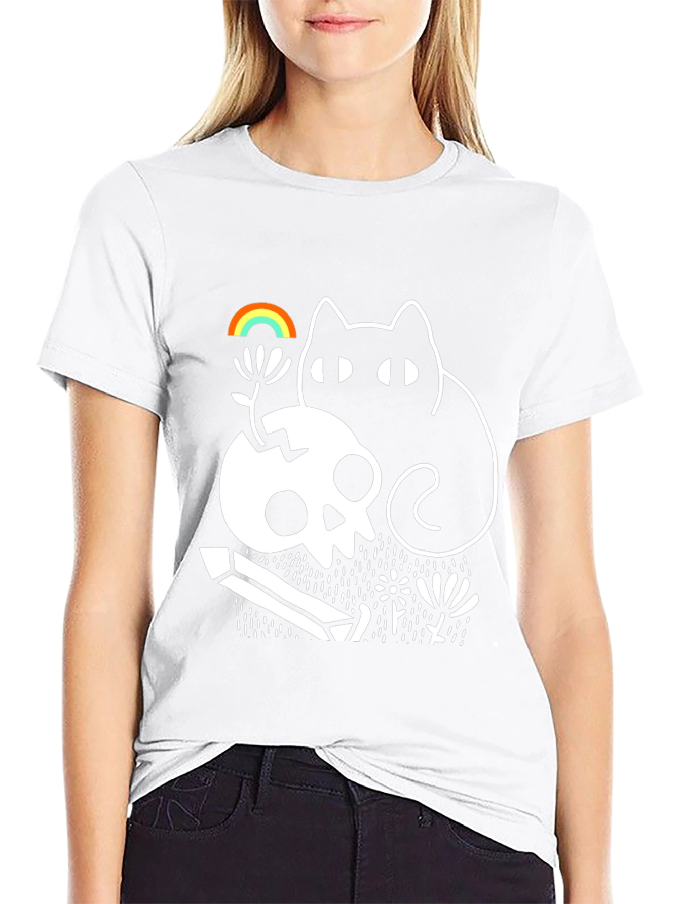 Gothic Whimsical Cat & Skull Graphic Tee