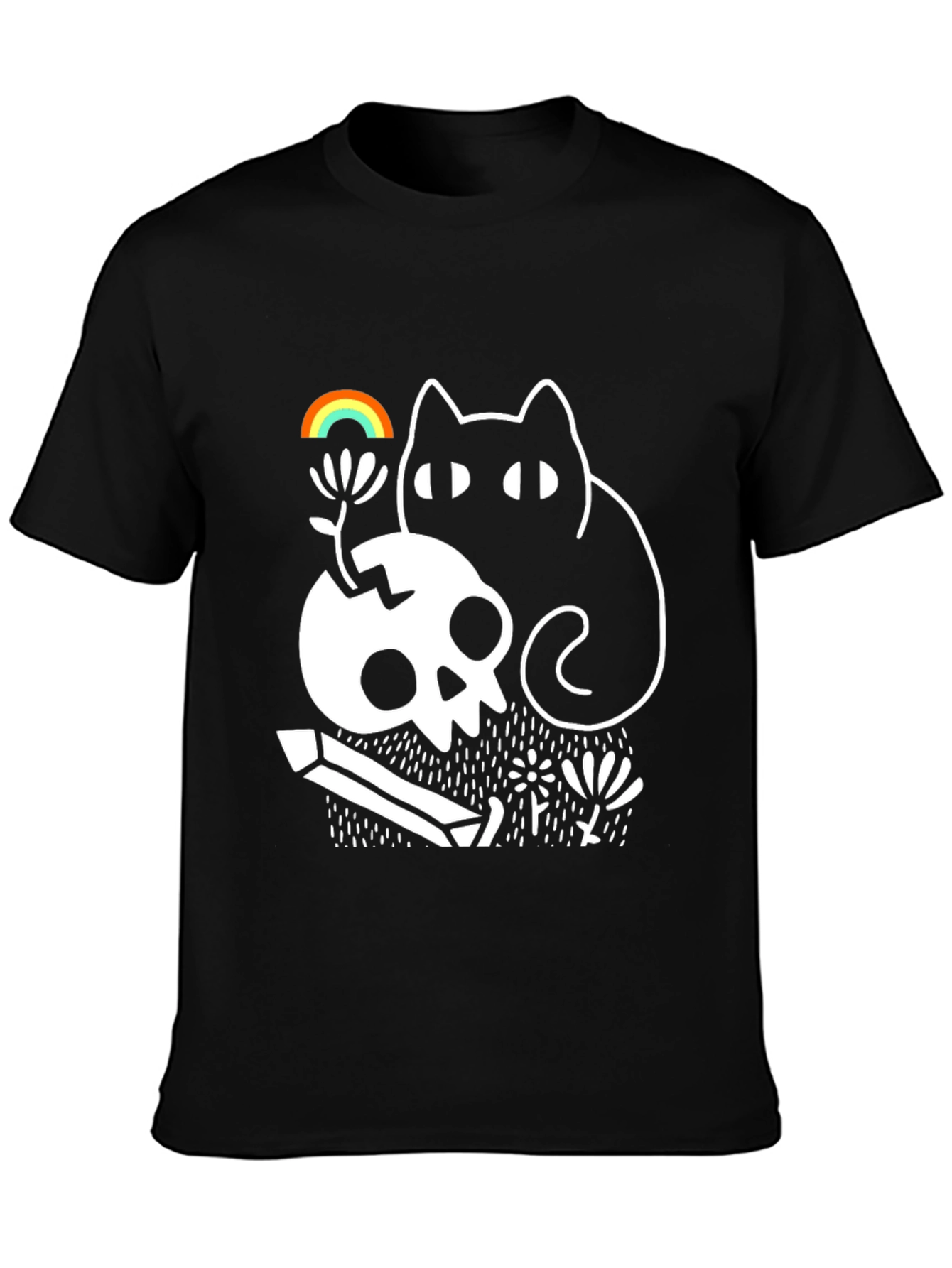 Gothic Whimsical Cat & Skull Graphic Tee