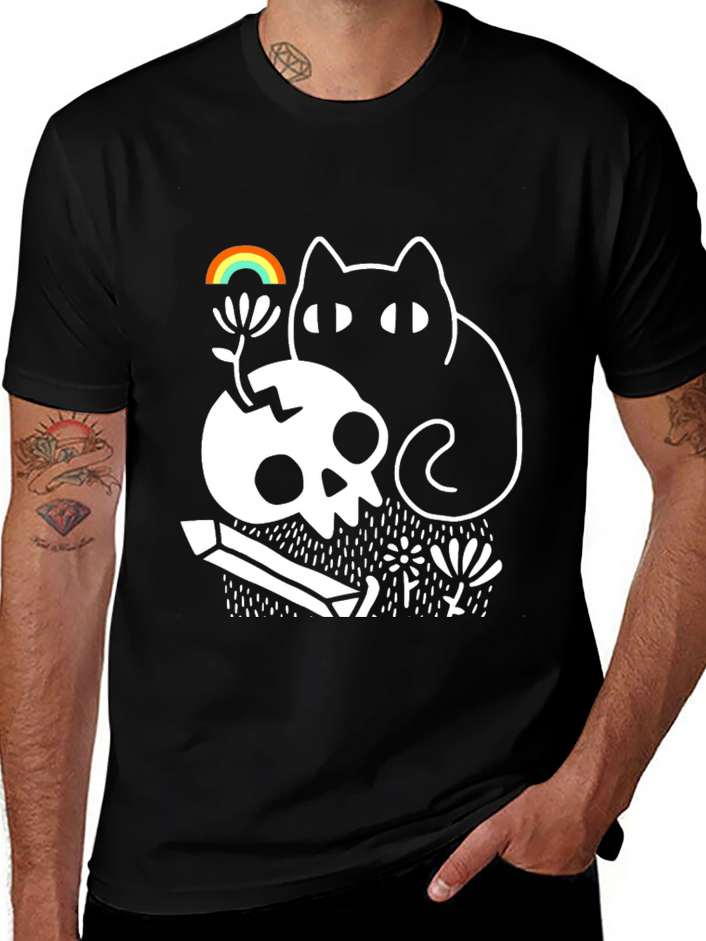 Gothic Whimsical Cat & Skull Graphic Tee