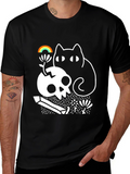 Gothic Whimsical Cat & Skull Graphic Tee