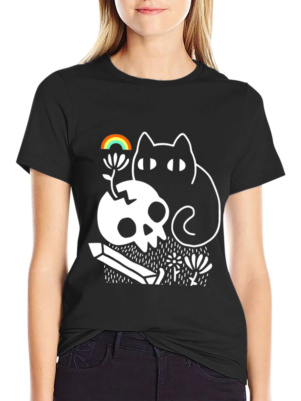 Gothic Whimsical Cat & Skull Graphic Tee
