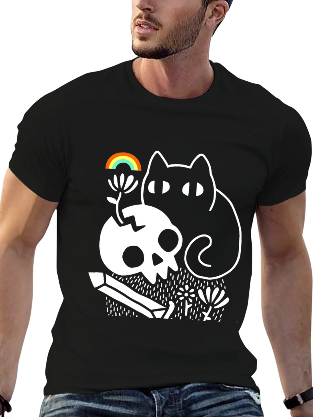 Gothic Whimsical Cat & Skull Graphic Tee