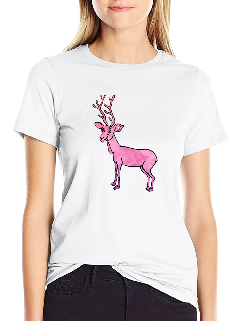 Black T-Shirt with Pink Deer Graphic