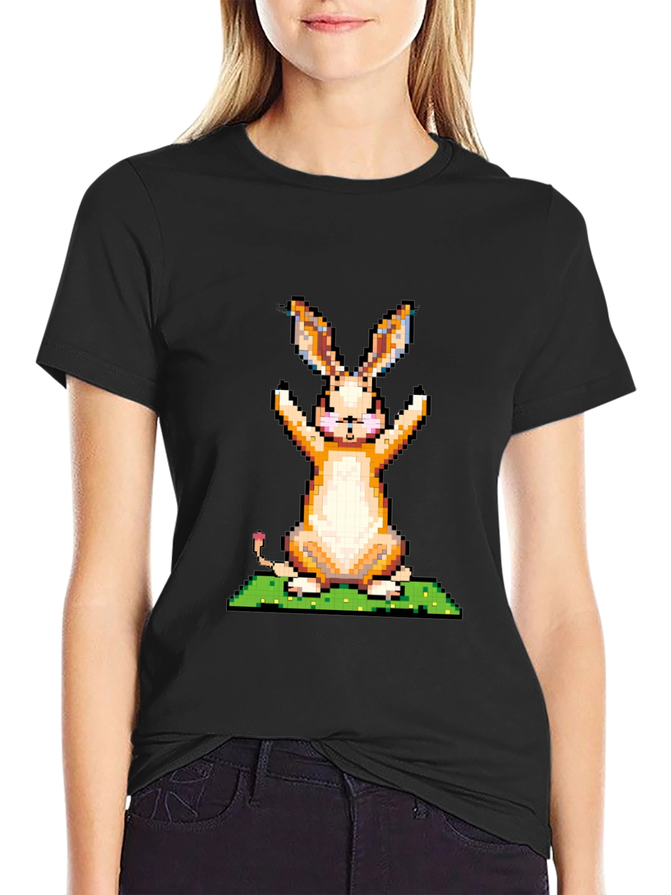 Pixel Art Bunny Graphic Tee - Black