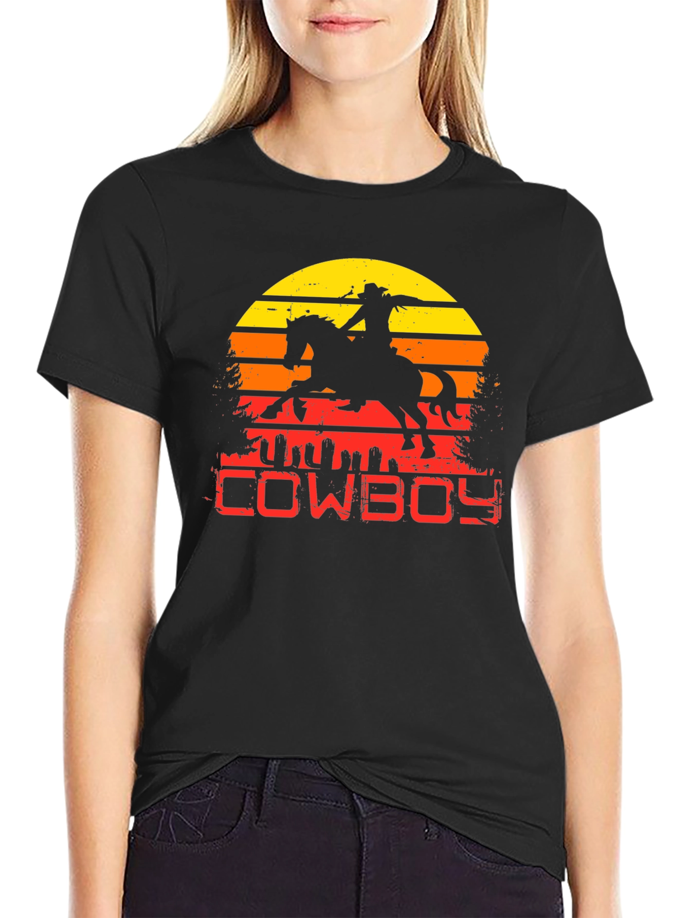 Retro Cowboy Sunset Graphic Tee - Classic Western Style Shirt