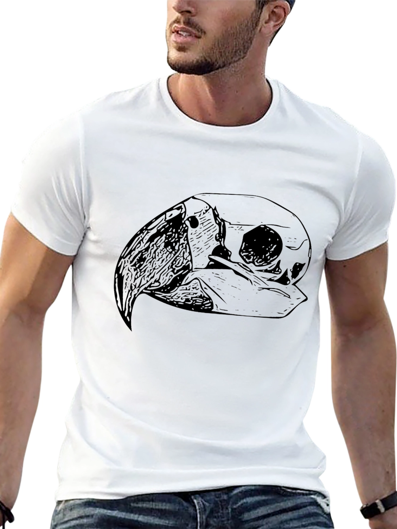Black T-Shirt with Bird Skull Graphic Print