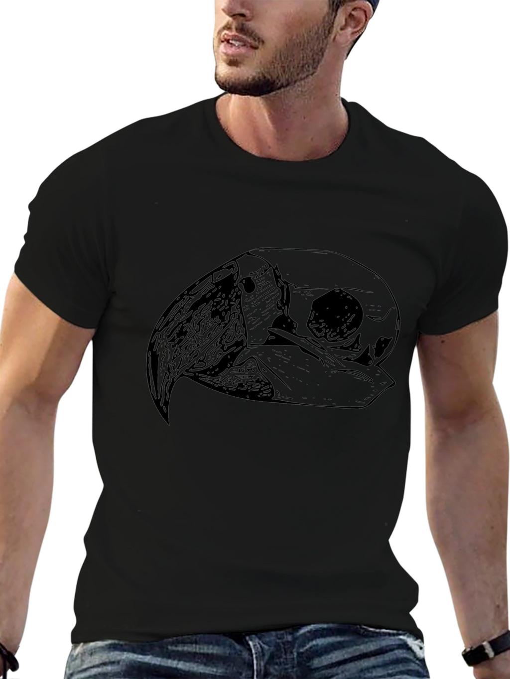Black T-Shirt with Bird Skull Graphic Print
