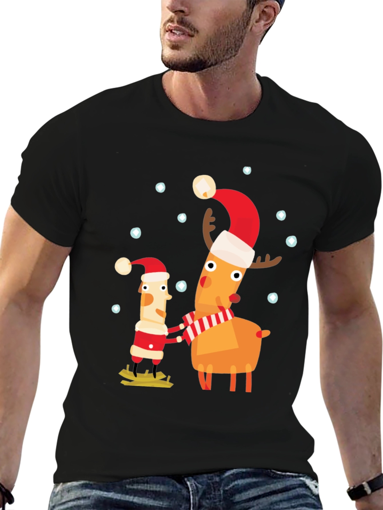 Festive Holiday Cartoon Graphic Tee - Black