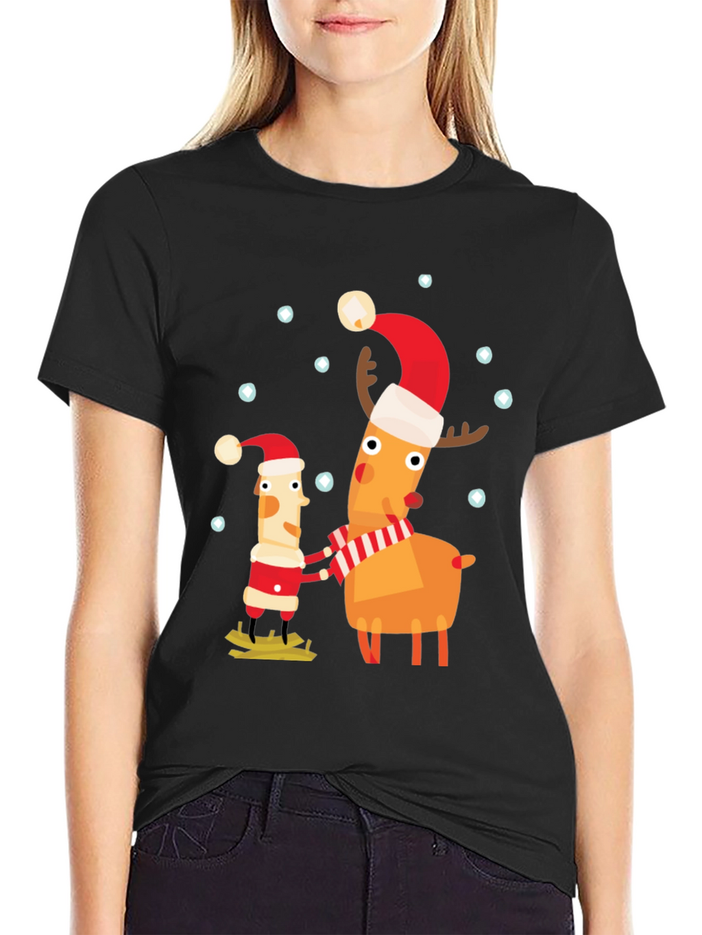 Festive Holiday Cartoon Graphic Tee - Black