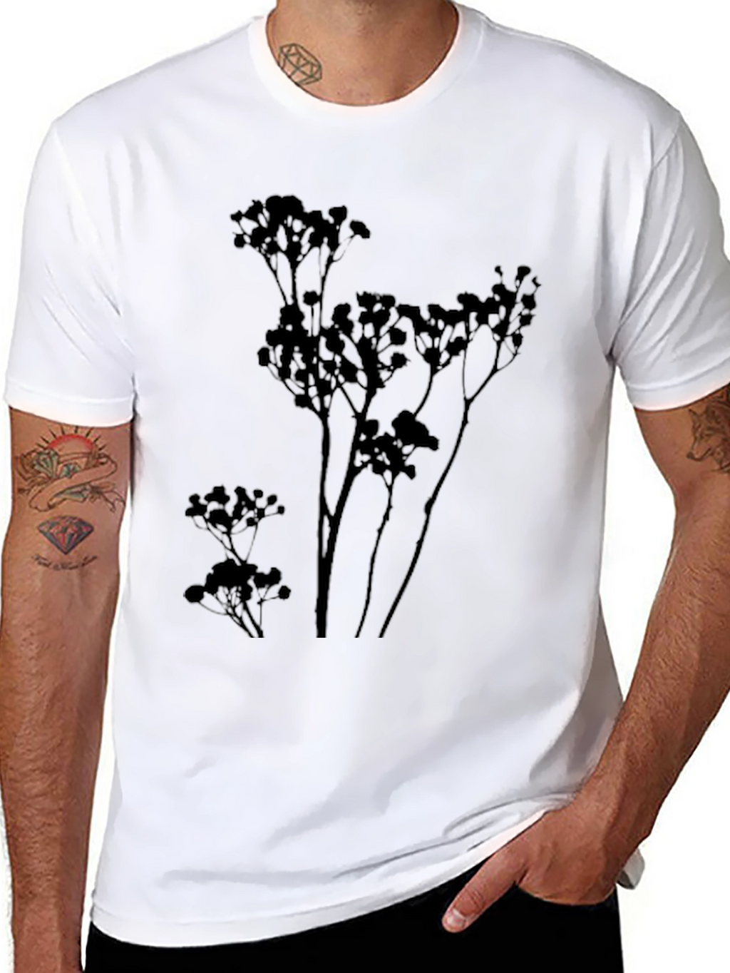Mens Black T-Shirt with Botanical Silhouette Design