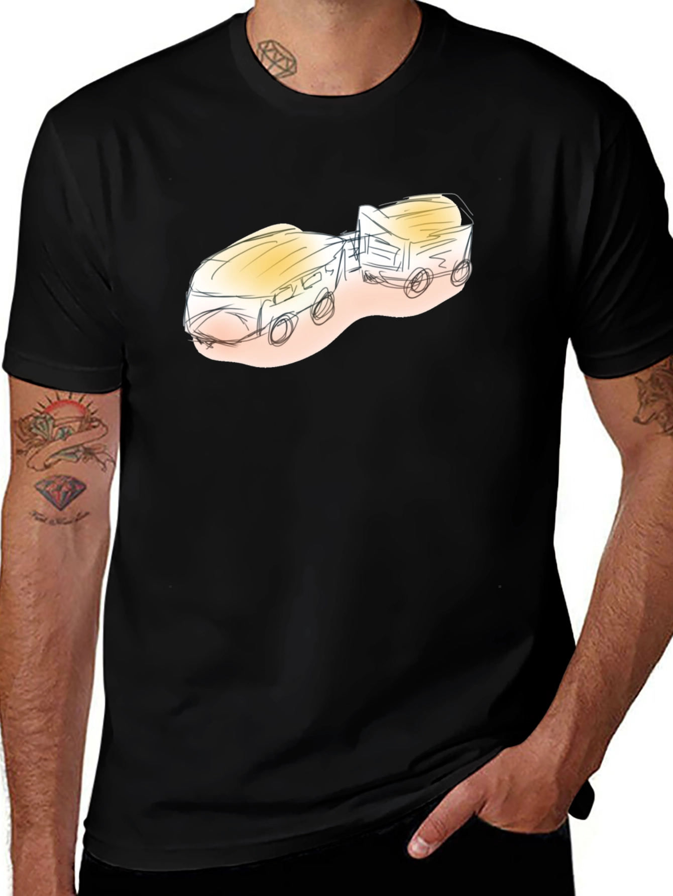 Sketch Style Train Graphic Tee - Black Cotton Blend