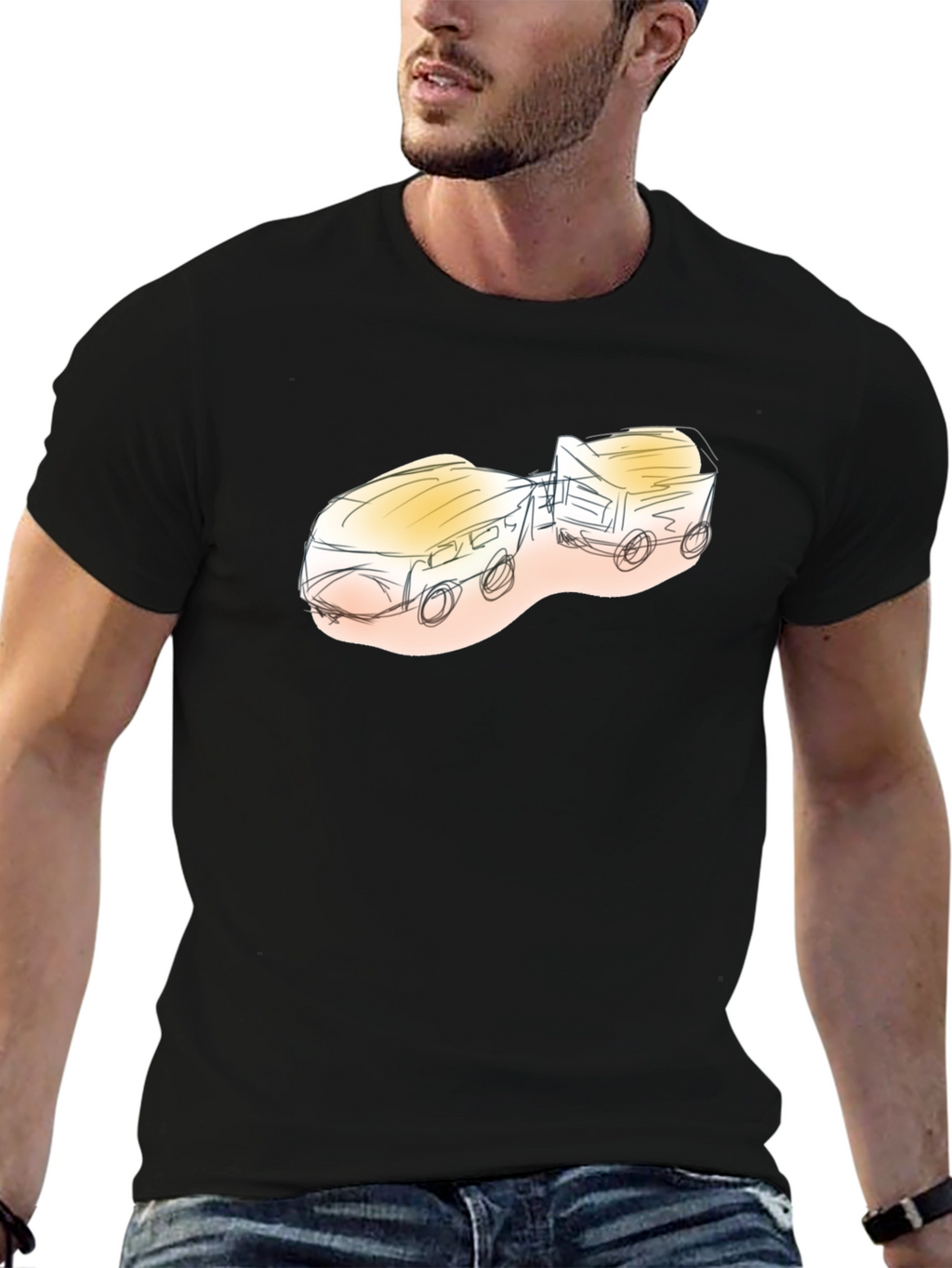 Sketch Style Train Graphic Tee - Black Cotton Blend