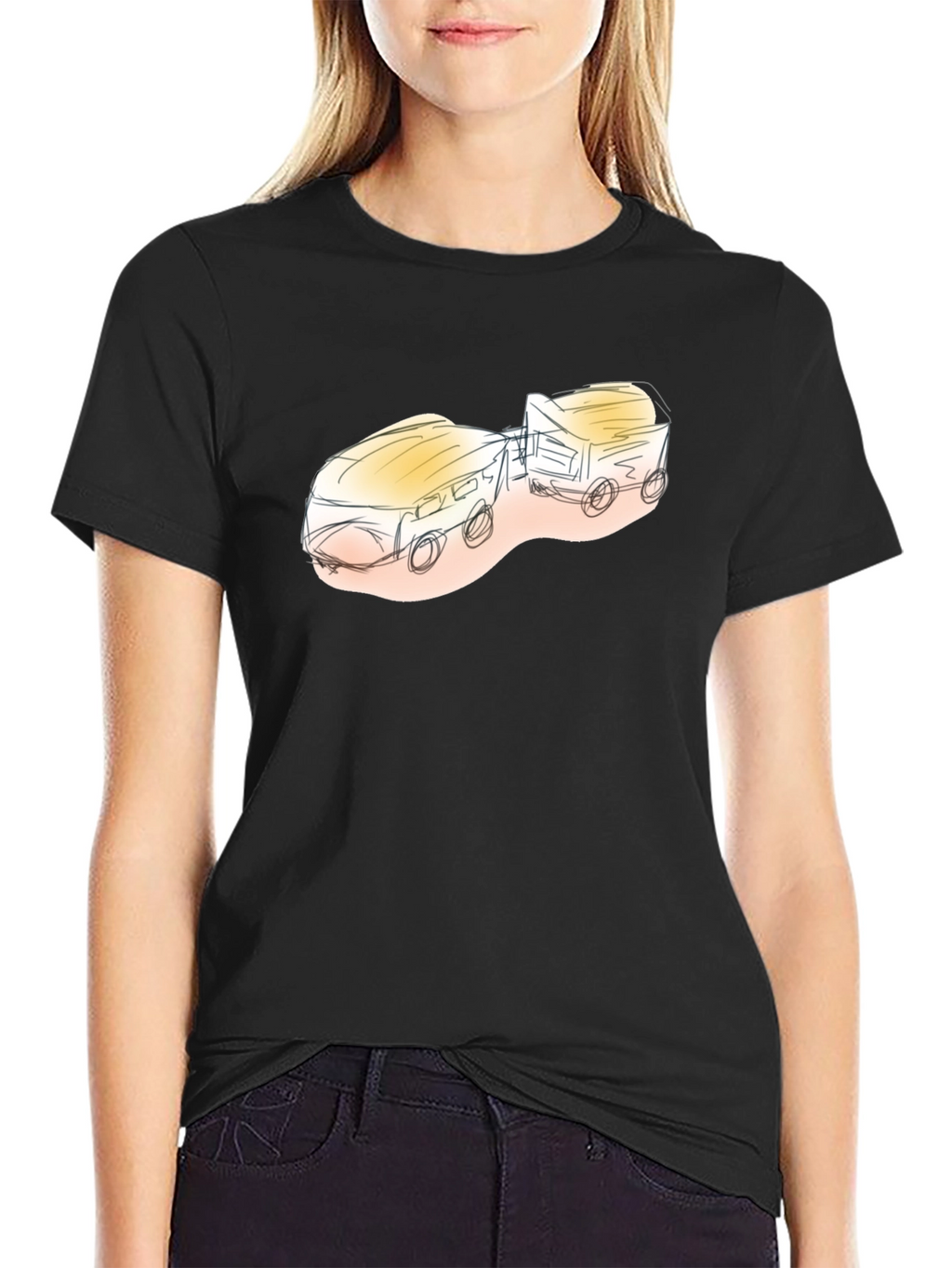 Sketch Style Train Graphic Tee - Black Cotton Blend