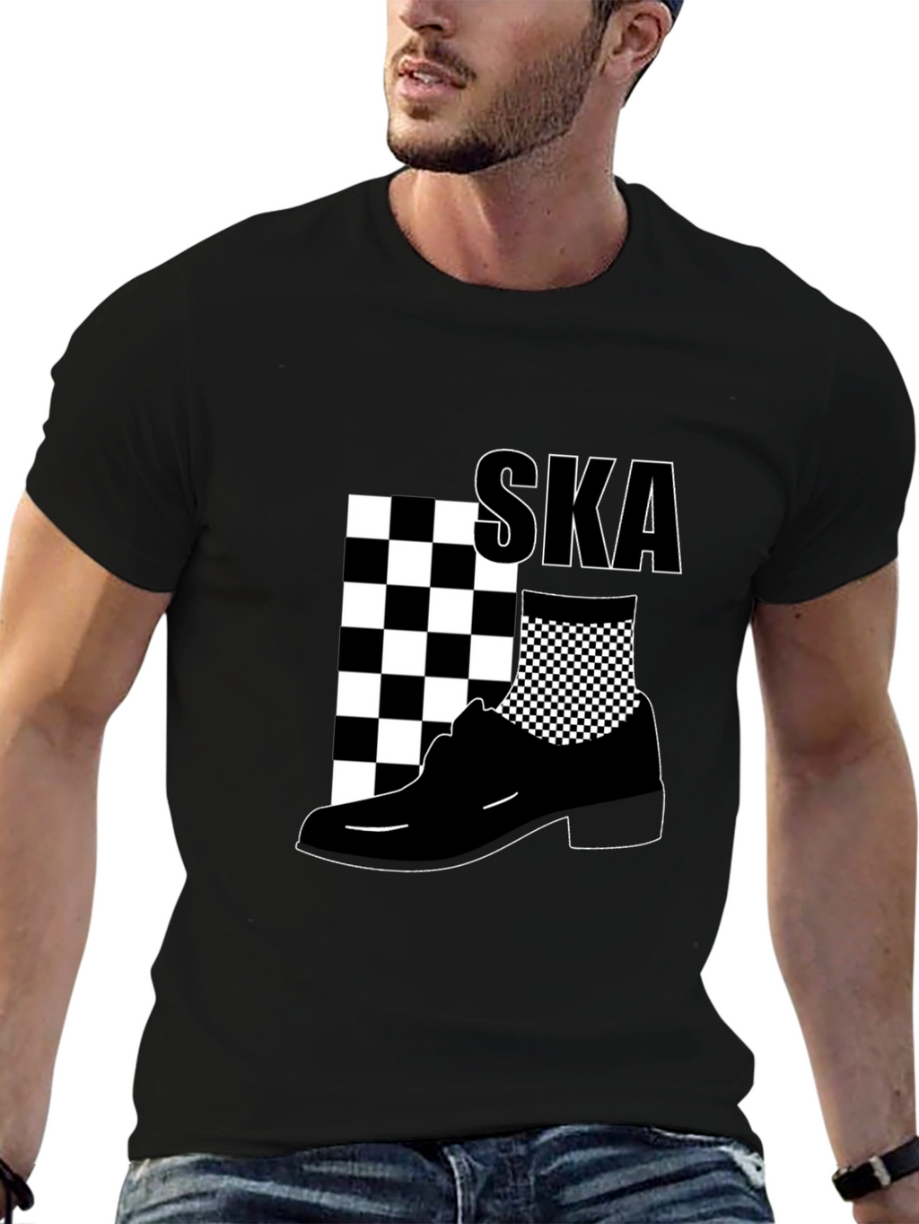 Mens Black SKA T-Shirt with Checkerboard Design
