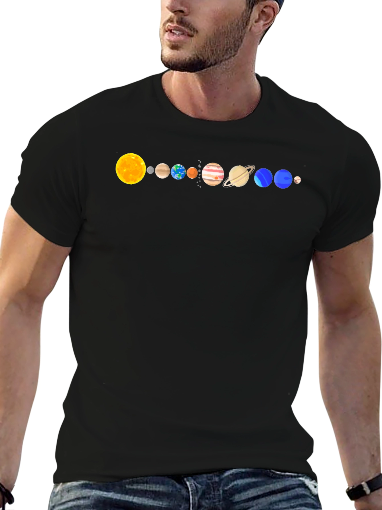 Solar System Planets Graphic T-Shirt - Black Cotton