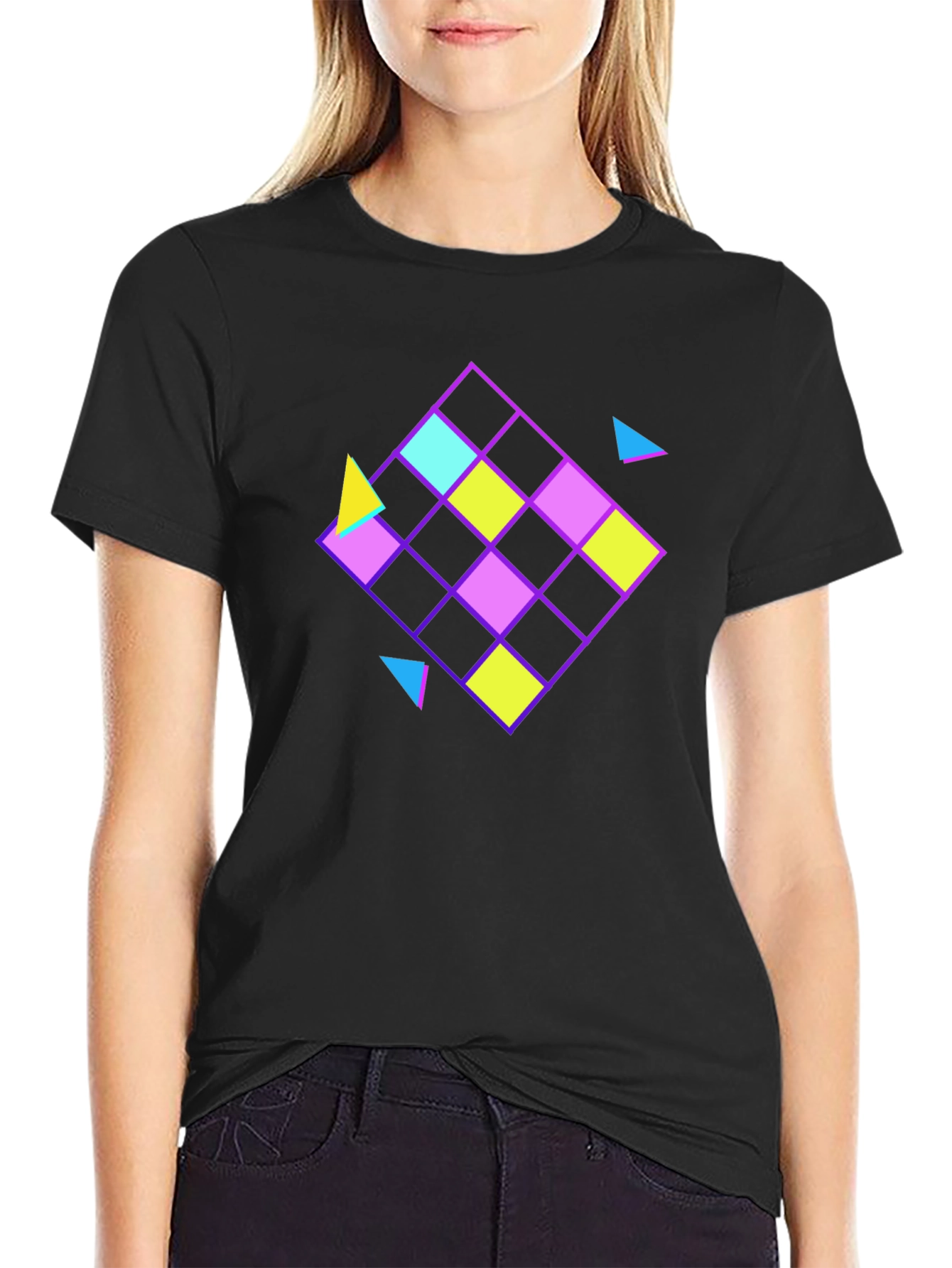 Retro Geometric Pattern Black T-Shirt