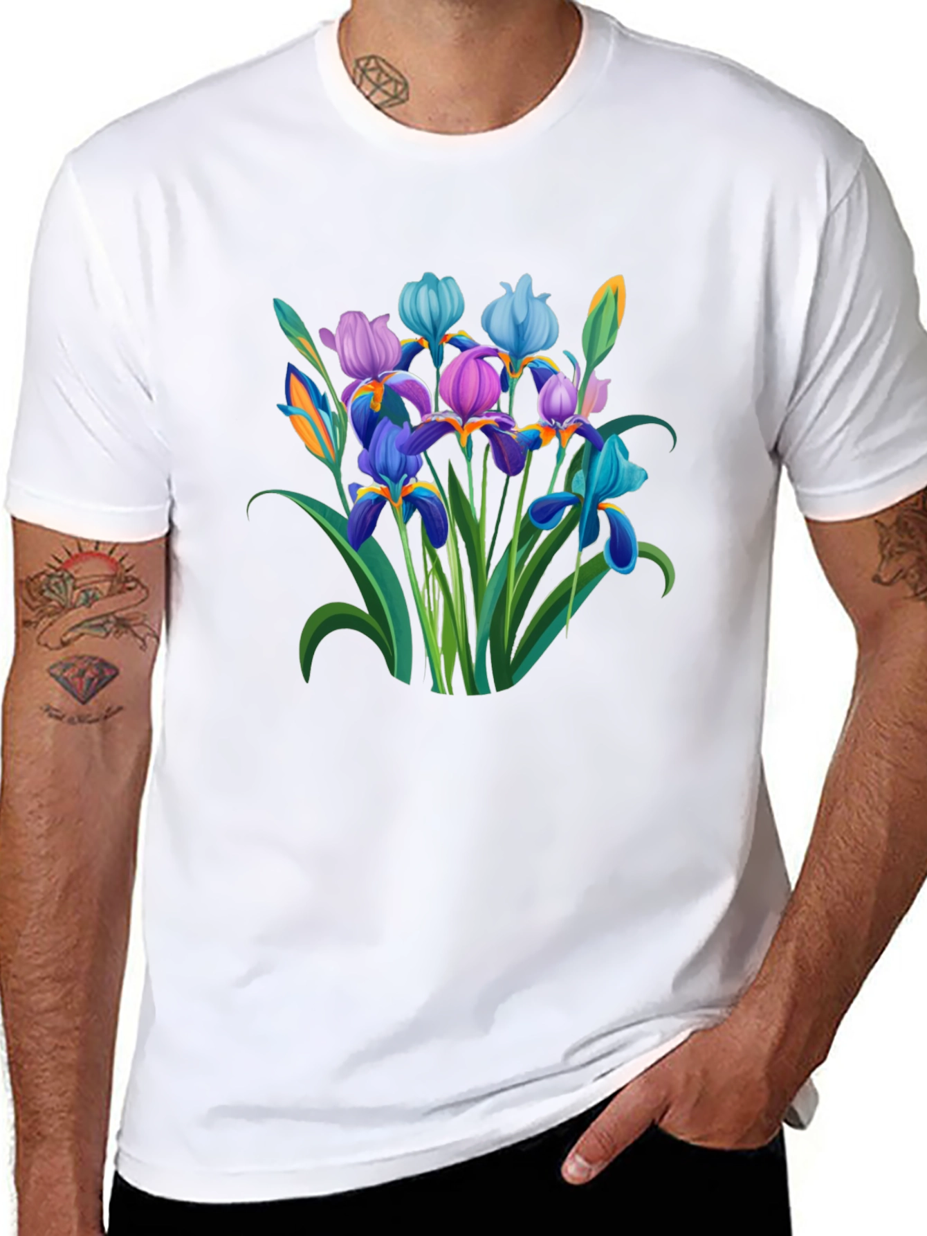 Floral Iris Graphic T-Shirt - Stylish Mens Black Tee