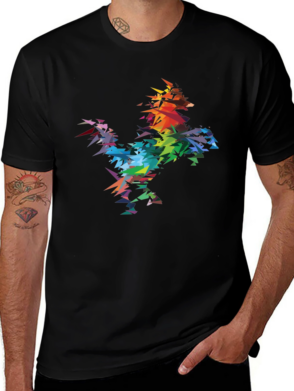 Abstract Geometric Rainbow Rooster Graphic Tee