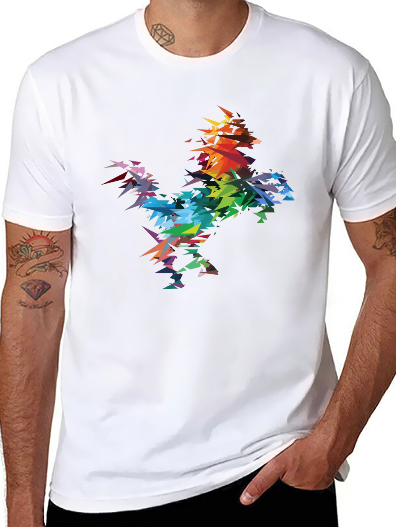 Abstract Geometric Rainbow Rooster Graphic Tee