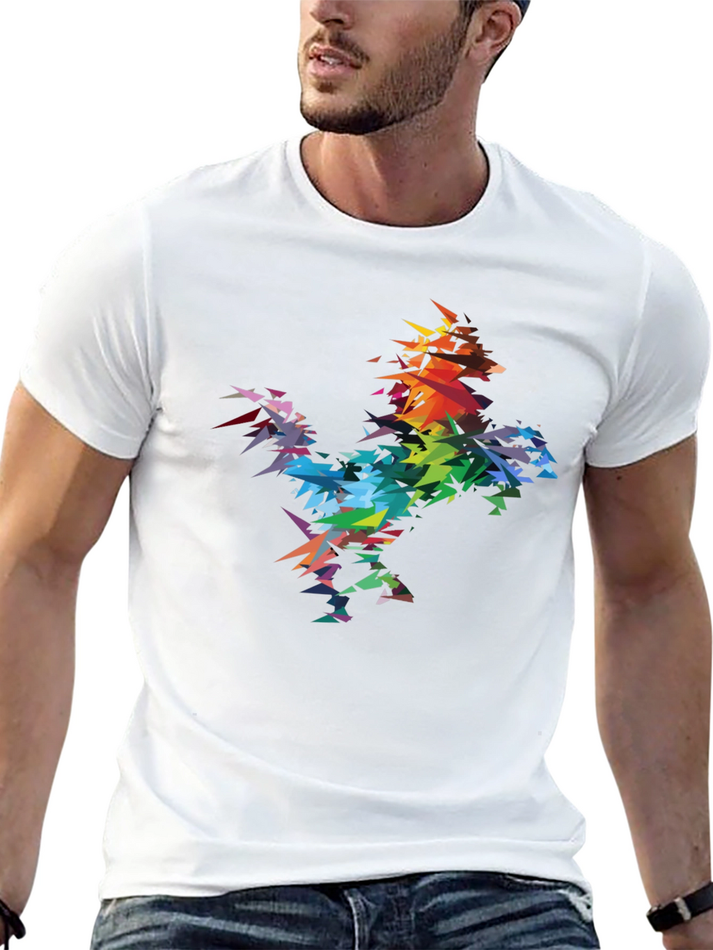 Abstract Geometric Rainbow Rooster Graphic Tee