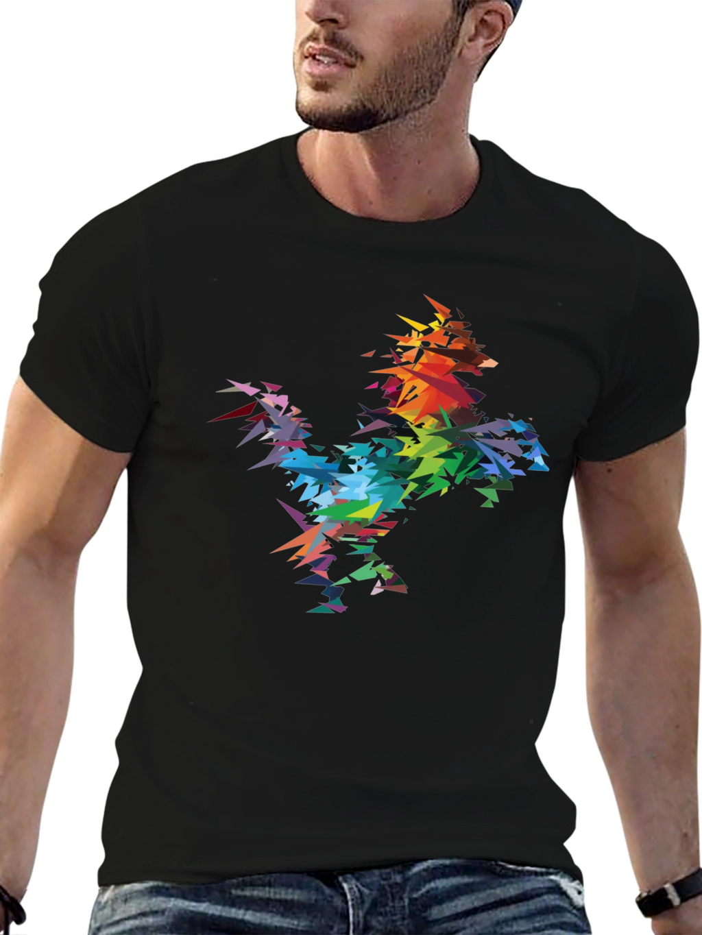 Abstract Geometric Rainbow Rooster Graphic Tee