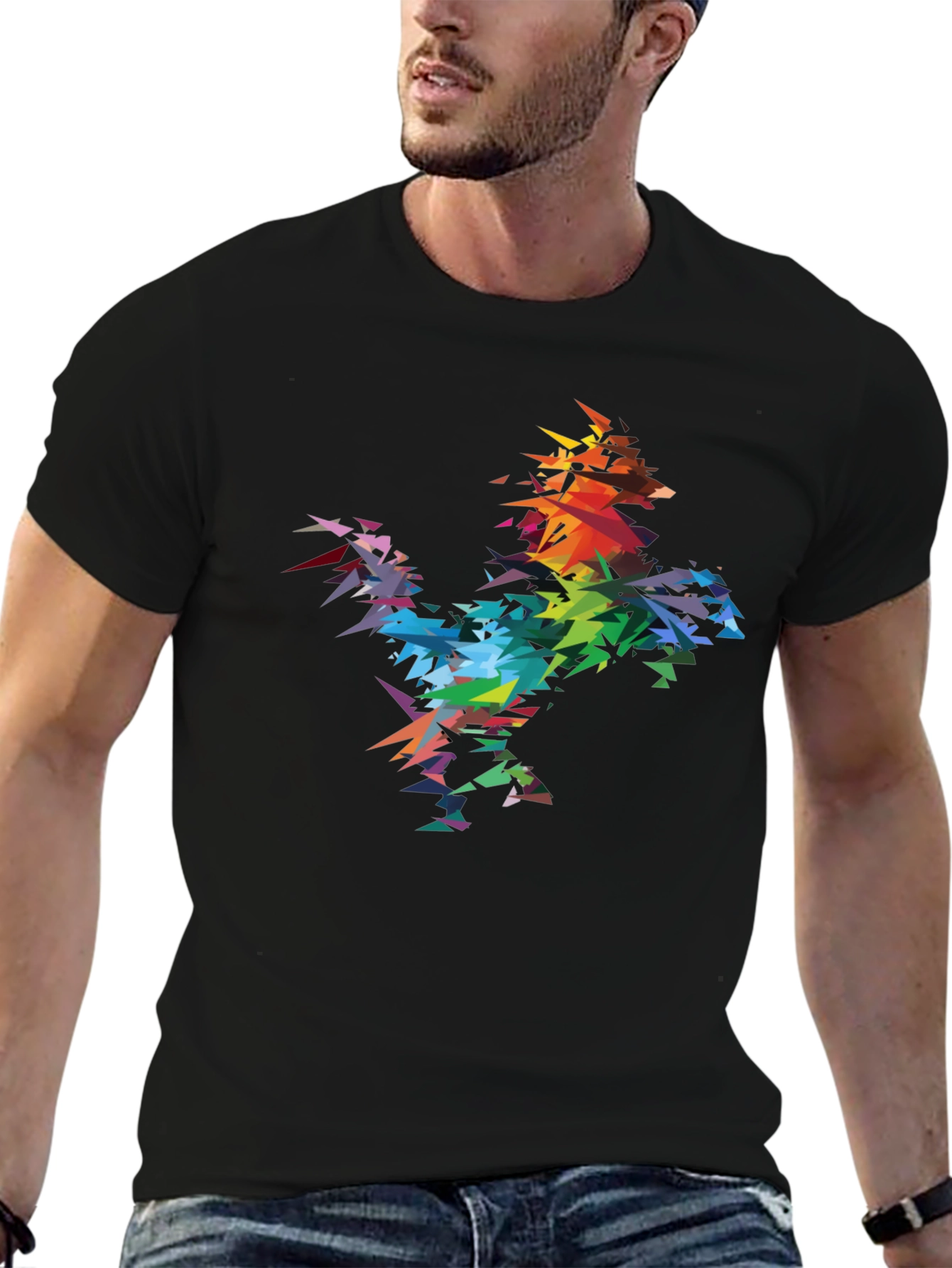 Abstract Geometric Rainbow Rooster Graphic Tee