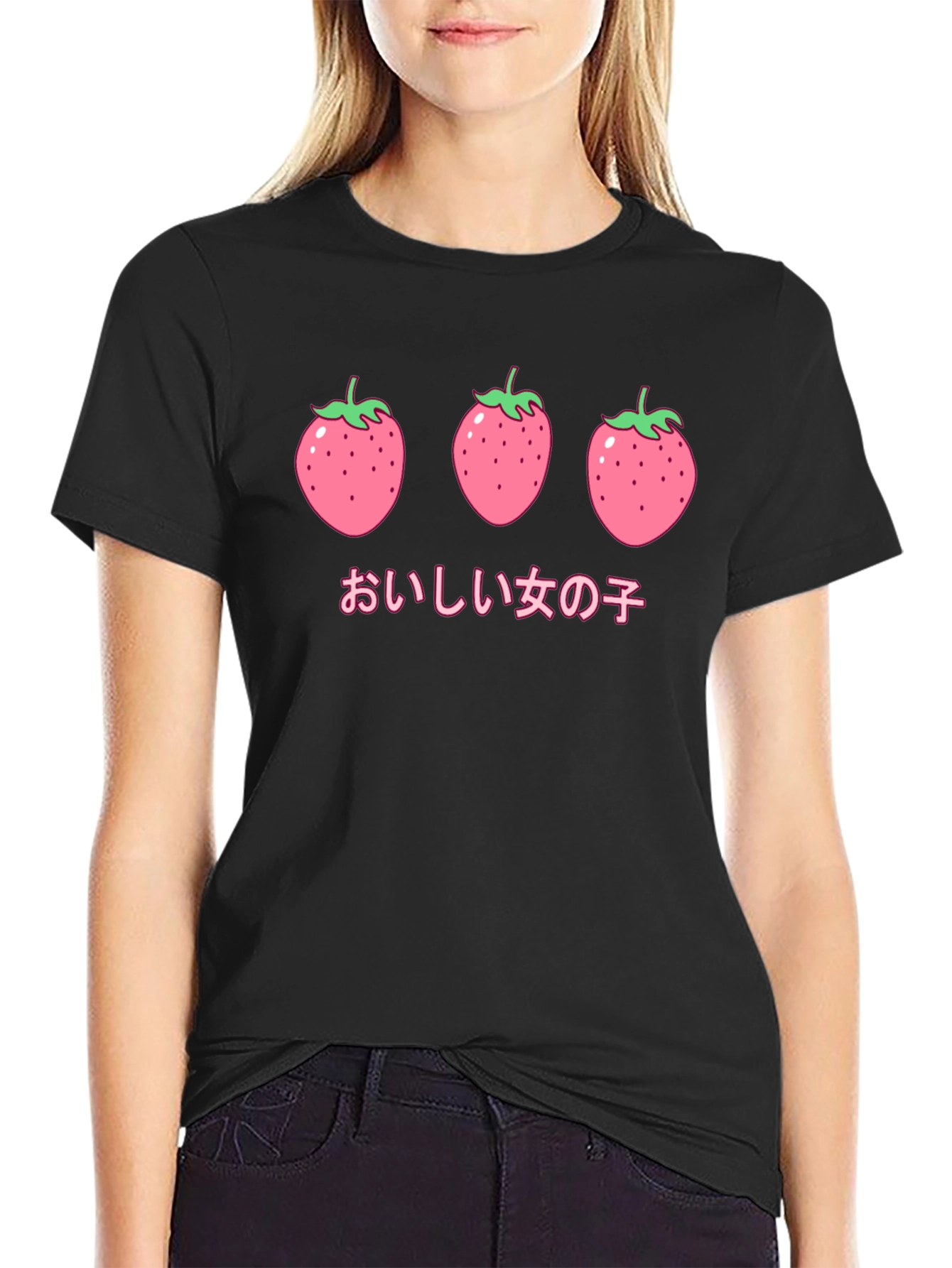 Strawberry Anime Graphic Black T-Shirt