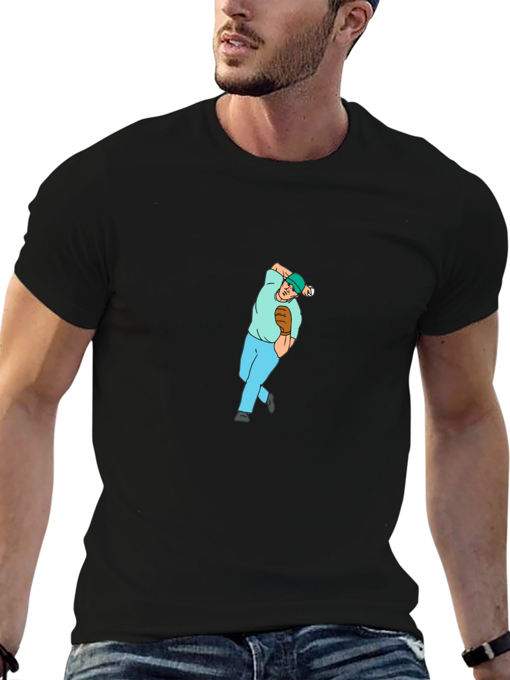 Baseball Pitcher Graphic Tee - Black Cotton Blend