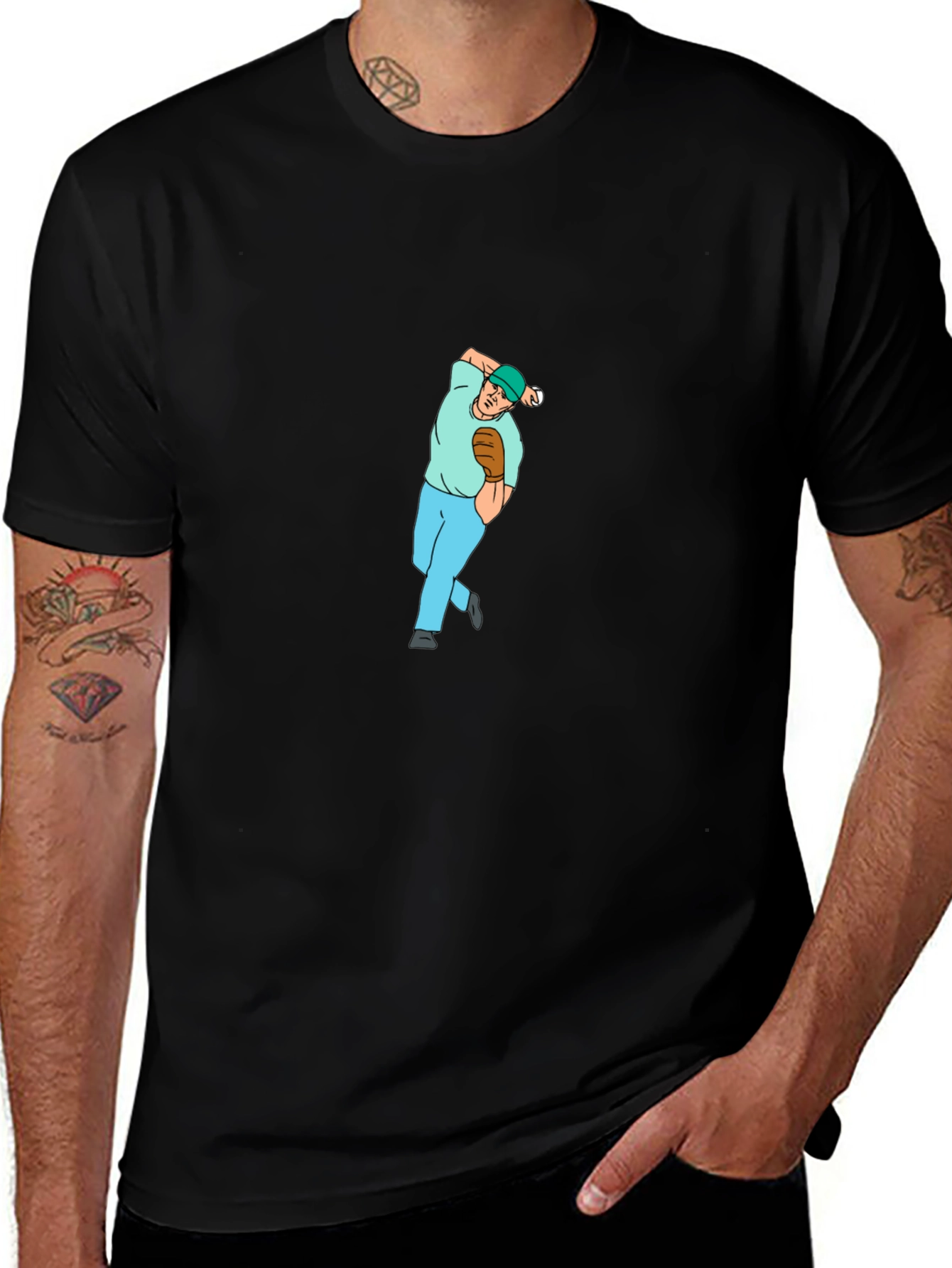 Baseball Pitcher Graphic Tee - Black Cotton Blend