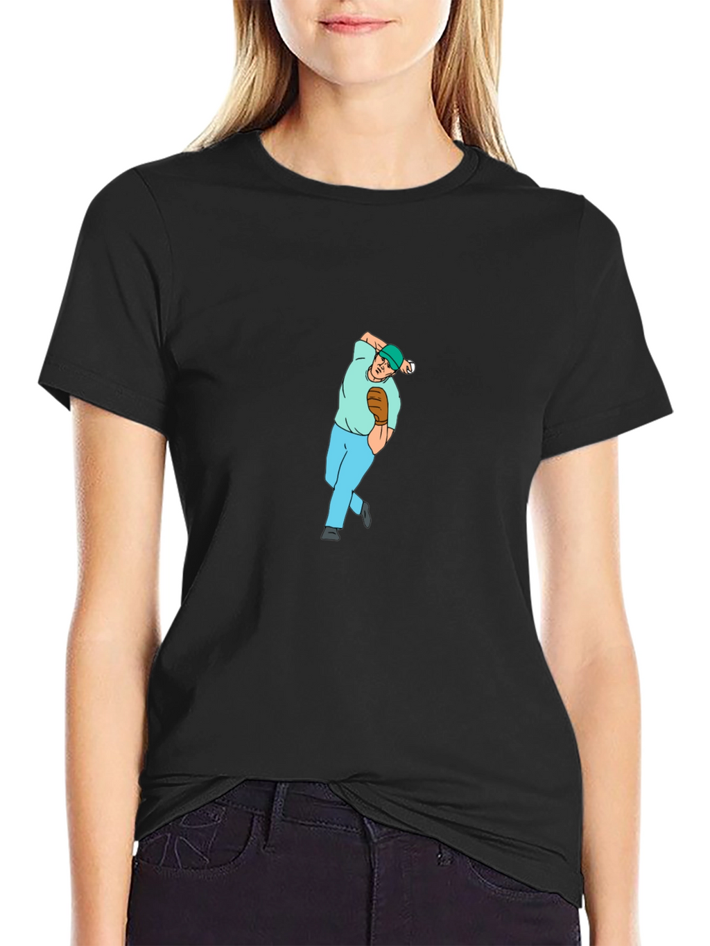 Baseball Pitcher Graphic Tee - Black Cotton Blend